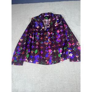 Odeeh Women's Floral Silk‎ Shirt Plum Button-Up Top Vibrant Multicolor Size XS